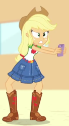 Size: 314x573 | Tagged: safe, screencap, applejack, equestria girls, equestria girls series, g4, rollercoaster of friendship, cropped, female, geode of super strength, magical geodes, solo, squatting