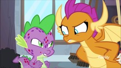 Size: 1280x720 | Tagged: safe, screencap, smolder, spike, dragon, g4, molt down, angry, discovery family logo, dragoness, duo, female, hand on hip, looking at each other, male, molting, stone scales, storage room