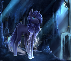 Size: 3500x3000 | Tagged: safe, artist:alicesmitt31, oc, oc only, oc:mystic shadow, pony, unicorn, ancient ruins, blank flank, carving, commission, crepuscular rays, female, frown, high res, horn, looking at you, magic, magic aura, mare, mural, ruins, solo, symbol, water, waterfall