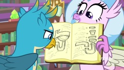 Size: 1920x1080 | Tagged: safe, screencap, gallus, silverstream, classical hippogriff, griffon, hippogriff, g4, what lies beneath, book, confused, diagram, discovery family, discovery family logo, duo, female, grin, happy, logo, male, pipes, plumbing, sink, smiling, that hippogriff sure does love indoor plumbing, unamused