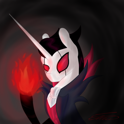 Size: 4000x4000 | Tagged: safe, artist:crystalcontemplator, oc, pony, unicorn, black hair, clothes, cosplay, costume, crossover, fire, fuse, grimm, grimm troupe, hollow knight, horn, long horn, red eyes, red fire, sable prime, troupe master grimm