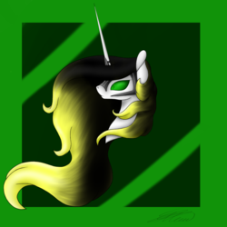 Size: 2000x2000 | Tagged: safe, artist:crystalcontemplator, oc, oc:crystal heart, oc:crystalcontemplator, pony, unicorn, armor, green background, green eyes, helmet, high res, horn, infinity, long hair, long horn, simple background, tollenland