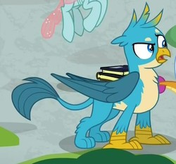 Size: 578x538 | Tagged: safe, screencap, gallus, ocellus, griffon, g4, what lies beneath, book, claws, cropped, male, offscreen character, open mouth, paws, raised eyebrow, tail, wings