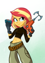 Size: 728x1000 | Tagged: safe, artist:lordfunkyfist, sunset shimmer, equestria girls, g4, belly button, cargo pants, clothes, cosplay, costume, crossover, female, grappling hook, kim possible, kim possible (character), long sleeves, midriff, pants, smiling, solo