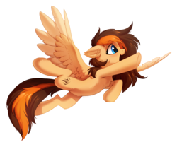 Size: 1280x1067 | Tagged: dead source, safe, artist:hioshiru, oc, oc only, oc:aerion featherquill, pegasus, pony, cute, female, floppy ears, fluffy, flying, leg fluff, looking forward, mare, ocbetes, open mouth, raised hoof, simple background, slender, solo, spread wings, striped tail, tail, thin, white background, wing fluff, wings