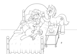 Size: 5500x3876 | Tagged: safe, artist:badgerben, applejack, big macintosh, bright mac, pear butter, earth pony, pony, g4, apple, bed, breakfast, breakfast in bed, cart, cup, female, food, implied apple bloom, lidded eyes, lying down, male, mare, monochrome, on bed, on side, pancakes, pillow, pregnant, prone, ship:brightbutter, shipping, smiling, stallion, straight