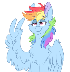 Size: 768x790 | Tagged: safe, artist:wanderingpegasus, rainbow dash, pegasus, pony, g4, chest fluff, feather fingers, female, lidded eyes, looking at you, mare, peace sign, simple background, solo, white background, wing hands, wings