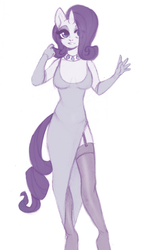 Size: 541x900 | Tagged: safe, artist:yasuokakitsune, rarity, unicorn, anthro, g4, clothes, dress, evening gloves, female, garter belt, garters, gloves, jewelry, long gloves, mare, necklace, partial hem, side slit, smiling, solo, stockings, thigh highs, total sideslit, traditional art