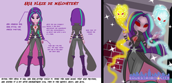 Size: 2632x1280 | Tagged: safe, artist:succubi samus, adagio dazzle, aria blaze, sonata dusk, absolute cleavage, alternate universe, antagonist, breasts, cleavage, dazzling, equestrian city, gem, red eyes, reference sheet, scar, sheet, show accurate, siren gem, souls, the dazzlings, villainess