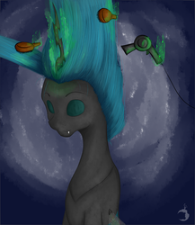 Size: 2000x2300 | Tagged: safe, artist:ruanshi, queen chrysalis, changeling, changeling queen, g4, abstract background, brushing, bust, eyes closed, female, glowing horn, hair dryer, hairbrush, high res, horn, magic, solo, telekinesis