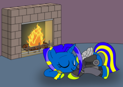Size: 1550x1100 | Tagged: safe, artist:linedraweer, oc, oc only, oc:shay, alicorn, android, pony, robot, robot pony, alicorn oc, amputee, artificial wings, augmented, commission, curling, female, fire, fireplace, mechanical wing, metal wing, prosthetic leg, prosthetic limb, prosthetic wing, prosthetics, scar, sleeping, solo, sports, wings