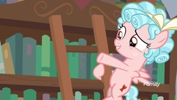 Size: 1920x1080 | Tagged: safe, screencap, cozy glow, pegasus, pony, g4, what lies beneath, belly, book, bookshelf, bow, discovery family, discovery family logo, female, filly, foal, hair bow, ladder, logo, raised eyebrow, ringlets, solo