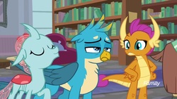 Size: 1920x1080 | Tagged: safe, screencap, gallus, ocellus, smolder, griffon, g4, what lies beneath, chin up, discovery family, discovery family logo, hand on hip, logo, raised eyebrow, tired