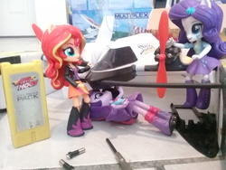 Size: 3264x2448 | Tagged: safe, rarity, sunset shimmer, twilight sparkle, equestria girls, g4, air hogs, cleaning, doll, equestria girls minis, eqventures of the minis, female, high res, irl, photo, rc plane, screwdriver, storm launcher, toy