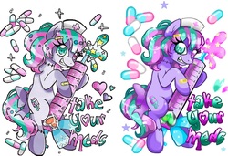 Size: 1167x800 | Tagged: safe, alternate version, artist:imaranx, oc, oc only, oc:toxicpills, goo, pony, bandage, bandaid, digital art, hat, menhera, nurse hat, nurse outfit, pills, solo, syringe, traditional art