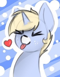 Size: 363x466 | Tagged: safe, artist:itsmeelement, oc, oc only, oc:nootaz, pony, unicorn, :p, abstract background, eyes closed, heart, outline, silly, solo, tongue out
