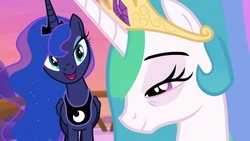 Size: 1024x576 | Tagged: safe, screencap, princess celestia, princess luna, a royal problem, g4, bags under eyes, cropped, duo, female, mare, royal sisters, smiling, sunrise, tired