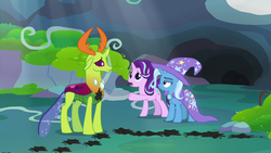 Size: 1280x720 | Tagged: safe, screencap, starlight glimmer, thorax, trixie, changedling, changeling, pony, unicorn, g4, to change a changeling, cape, cave, changeling king, clothes, female, hat, hoofprints, ink, king thorax, male, mare, trio, trixie's cape, trixie's hat
