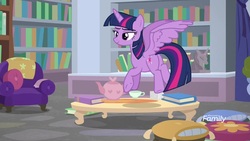Size: 1920x1080 | Tagged: safe, screencap, ocellus, twilight sparkle, alicorn, pony, g4, what lies beneath, book, bookshelf, chair, discovery family, discovery family logo, disguise, disguised changeling, fake twilight, female, logo, mare, solo, table, teapot, twilight sparkle (alicorn)