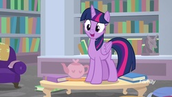 Size: 1920x1080 | Tagged: safe, screencap, ocellus, twilight sparkle, alicorn, pony, g4, what lies beneath, book, bookshelf, discovery family, discovery family logo, disguise, disguised changeling, fake twilight, female, logo, mare, solo, teapot, twilight sparkle (alicorn)