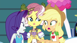Size: 1920x1080 | Tagged: safe, screencap, applejack, pinkie pie, rarity, vignette valencia, equestria girls, equestria girls specials, g4, my little pony equestria girls: better together, my little pony equestria girls: rollercoaster of friendship, geode of shielding, geode of super strength, offscreen character