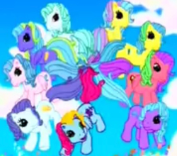 Size: 892x786 | Tagged: safe, screencap, bubble balloon, coconut grove, island delight, lyra shine, scoop smile, skip and along, splash and down, splish splash, thistle whistle, pegasus, pony, friends are never far away, g3, bubbledorable, cloud, cute, female, flapping, flying, g3 lyrabetes, group, groveabetes, ice cream lover pegasus, islandorable, knotted tails, mare, needs more jpeg, open mouth, open smile, pegasus promise, rat king, scoopabetes, shy ponies, skipabetes, sky, smiling, splash and downabetes, splashabetes, thistlebetes