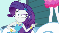 Size: 1920x1080 | Tagged: safe, screencap, pinkie pie, rarity, equestria girls, equestria girls series, g4, rollercoaster of friendship, angry, bracelet, clothes, female, geode of shielding, jewelry, makeup, pointing, raised eyebrow, rarity peplum dress, sleeveless, teenager