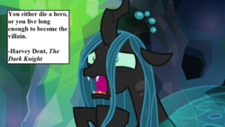 Size: 1280x720 | Tagged: safe, edit, edited screencap, screencap, ocellus, queen chrysalis, changeling, changeling queen, g4, season 8, what lies beneath, batman, cave, crown, female, harvey dent, horrified, jewelry, movie quote, queen chrysellus, regalia, solo, text, text box, the dark knight