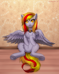 Size: 900x1125 | Tagged: safe, artist:margony, oc, oc only, pegasus, pony, chest fluff, commission, digital art, ear fluff, female, leg fluff, looking at you, mare, room, signature, sitting, smiling, solo, spread wings, wings