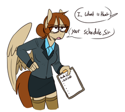 Size: 697x621 | Tagged: safe, artist:redxbacon, oc, oc only, oc:red stroke, pegasus, anthro, anthro oc, businessmare, clothes, dialogue, garter belt, garters, glasses, kill yourself, office lady, open mouth, pencil skirt, secretary, simple background, skirt, skirt suit, socks, solo, suicidal, suit, thigh highs, white background, zettai ryouiki