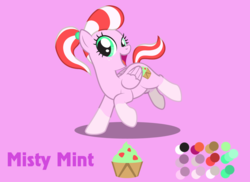 Size: 1100x800 | Tagged: safe, artist:lightning stripe, derpibooru exclusive, oc, oc only, oc:misty mint, pegasus, pony, g4, coat markings, cutie mark, female, freckles, green eyes, mare, open mouth, pink, pink background, ponytail, reference sheet, show accurate, simple background, socks (coat markings), solo, striped mane, wings