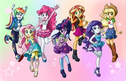 Size: 4404x2856 | Tagged: safe, artist:chibi-jen-hen, applejack, fluttershy, pinkie pie, rainbow dash, rarity, sci-twi, spike, spike the regular dog, sunset shimmer, twilight sparkle, dog, equestria girls, g4, my little pony equestria girls: better together, boots, converse, cowboy boots, cowboy hat, feet, female, geode of empathy, geode of fauna, geode of shielding, geode of sugar bombs, geode of super speed, geode of super strength, geode of telekinesis, hat, humane five, humane seven, humane six, looking at you, magical geodes, open mouth, sandals, shoes, sneakers
