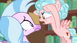 Size: 1920x1080 | Tagged: safe, screencap, cozy glow, silverstream, hippogriff, pegasus, pony, g4, what lies beneath, bookshelf, cozy glow is not amused, discovery family, discovery family logo, duo, female, filly, foal, library, logo