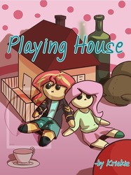 Size: 500x670 | Tagged: safe, artist:pasu-chan, fluttershy, sunset shimmer, fanfic:playing house, series:who we become, equestria girls, g4, commission, doll, dollhouse, fanfic, fanfic art, fanfic cover, female, lesbian, ragdoll, ship:sunshyne, shipping, teddy bear, toy, wine bottle