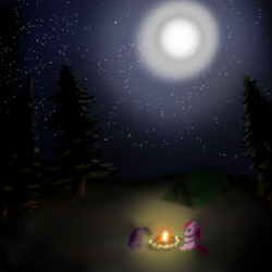 Size: 1000x1000 | Tagged: safe, artist:lamb, pinkie pie, twilight sparkle, g4, campfire, camping, forest, moon, night, stars, tent