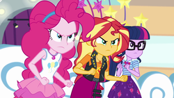Size: 1920x1080 | Tagged: safe, screencap, pinkie pie, sci-twi, sunset shimmer, twilight sparkle, equestria girls, equestria girls specials, g4, my little pony equestria girls: better together, my little pony equestria girls: rollercoaster of friendship, angry, bowtie, clothes, geode of empathy, geode of sugar bombs, geode of telekinesis, glasses, jacket, magical geodes, skirt, trio