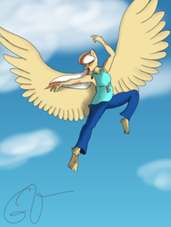 Size: 3000x4000 | Tagged: safe, artist:grey vicar, oc, oc only, oc:creme caramel, pegasus, anthro, clothes, female, happy, solo, wings