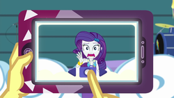 Size: 1920x1080 | Tagged: safe, screencap, rarity, vignette valencia, equestria girls, equestria girls specials, g4, my little pony equestria girls: better together, my little pony equestria girls: rollercoaster of friendship, camera, drum kit, drums, geode of shielding, hand, musical instrument, phone, shocked