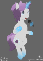 Size: 2480x3508 | Tagged: safe, artist:expression2, oc, oc only, oc:indigo wire, pony, unicorn, alicon, bipedal, convention, convention:alicon, female, glowing horn, gray background, high res, horn, levitation, magic, magic aura, mare, microphone, simple background, solo, telekinesis, underhoof
