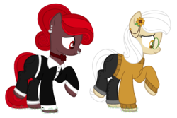 Size: 1564x1044 | Tagged: safe, artist:crybabyadopts, oc, oc only, oc:evening tulip, oc:morning sunflower, earth pony, pony, bowtie, clothes, duo, ear piercing, earring, female, flower, glasses, jeans, jewelry, mare, nose piercing, nose ring, pants, piercing, raised hoof, simple background, sisters, suit, sweater, white background