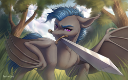 Size: 2700x1700 | Tagged: safe, artist:fenwaru, oc, oc only, oc:eerie eclipse, bat pony, pony, commission, forest, looking at you, male, mouth hold, solo, spread wings, sword, weapon, wing claws, wings, ych result