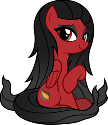 Size: 2507x2905 | Tagged: safe, artist:lightning stripe, derpibooru exclusive, oc, oc only, oc:cascara, pegasus, pony, g4, black mane, cutie mark, eyelashes, eyeliner, female, high res, lidded eyes, long hair, long mane, long tail, makeup, mare, red, red coat, red eyes, show accurate, simple background, sitting, smiling, solo, transparent background, wings