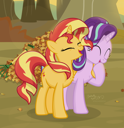 Size: 2511x2587 | Tagged: safe, artist:shutterflyeqd, starlight glimmer, sunset shimmer, pony, unicorn, g4, ^^, autumn, chest fluff, cute, duo, eyes closed, female, friendshipping, glimmerbetes, high res, laughing, leaf pile, leaves, mare, open mouth, raised hoof, rake, shimmerbetes