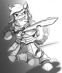 Size: 1378x1606 | Tagged: safe, artist:fixablom, pony, armor, bipedal, black and white, grayscale, hoof hold, monochrome, simple background, smiling, solo, sword, teeth, weapon, white background