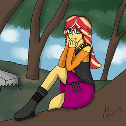 Size: 1024x1024 | Tagged: safe, artist:goldhajik, sunset shimmer, equestria girls, equestria girls series, g4, boot, cute, female, looking at you, shimmerbetes, solo, tree