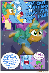 Size: 1280x1920 | Tagged: safe, artist:kryptchild, snails, spike, trixie, dragon, pony, unicorn, ask glitter shell, comic:glim glam and pals, g4, :p, advice, all caps, alternate hairstyle, bad advice, bow, clothes, comic, crossdressing, dialogue, dress, face grab, freckles, glitter shell, grabbing, hair bow, rain, running, silly, speech bubble, spike is not amused, storm, tongue out, unamused, yelling