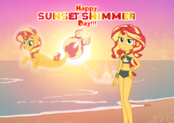 Size: 3457x2452 | Tagged: safe, artist:andoanimalia, artist:diegator007, artist:sugar-loop, edit, sunset shimmer, human, pony, seapony (g4), equestria girls, equestria girls series, g4, clothes, duality, glowing, high res, human ponidox, lidded eyes, ocean, seaponified, seapony sunset, self ponidox, smiling, species swap, sun, sunset, sunset shimmer day, sunshine shimmer, swimsuit, wallpaper, wallpaper edit