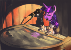 Size: 1600x1131 | Tagged: safe, artist:toisanemoif, twilight sparkle, pony, g4, female, microphone, music notes, musical instrument, piano, singing, solo, spotlight, stage, wat