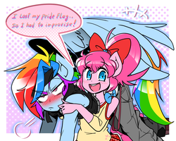 Size: 1000x800 | Tagged: safe, artist:thegreatrouge, pinkie pie, rainbow dash, anthro, g4, bow, clothes, cute, dialogue, diapinkes, holding, implied lesbian, improvisation, open mouth, ponytail, pride, pride flag, skirt, speech bubble, unamused, vest