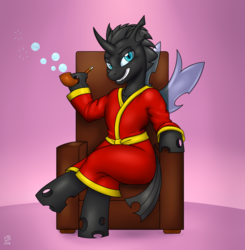Size: 2940x3004 | Tagged: safe, artist:badgerben, oc, oc only, oc:mordyling, changeling, semi-anthro, arm hooves, chair, changeling oc, clothes, grin, high res, looking at you, pipe, robe, sitting, smiling, solo